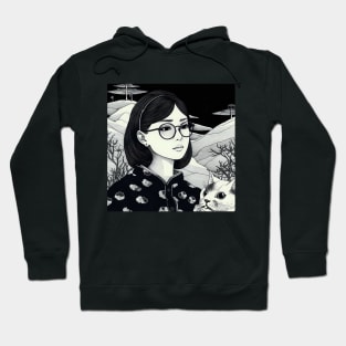 Black and white portrait of woman with cat Hoodie